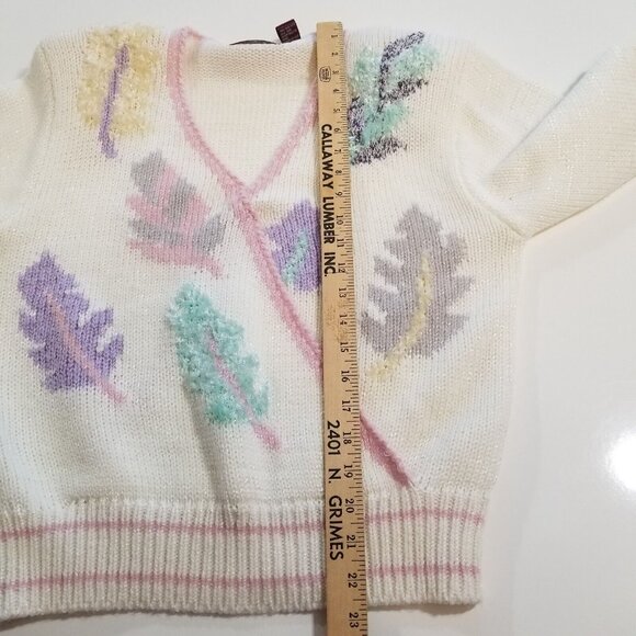 Vintage 80s Womens Sweater M Embellished Leaves Pullover Pastel Cottagecore - Picture 12 of 13